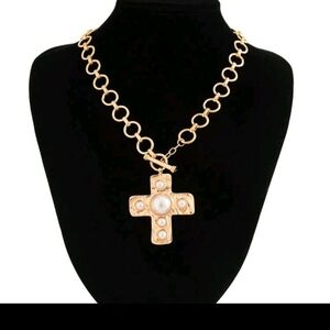 Elegant Gold & Pearl Cross Pendant Necklace
